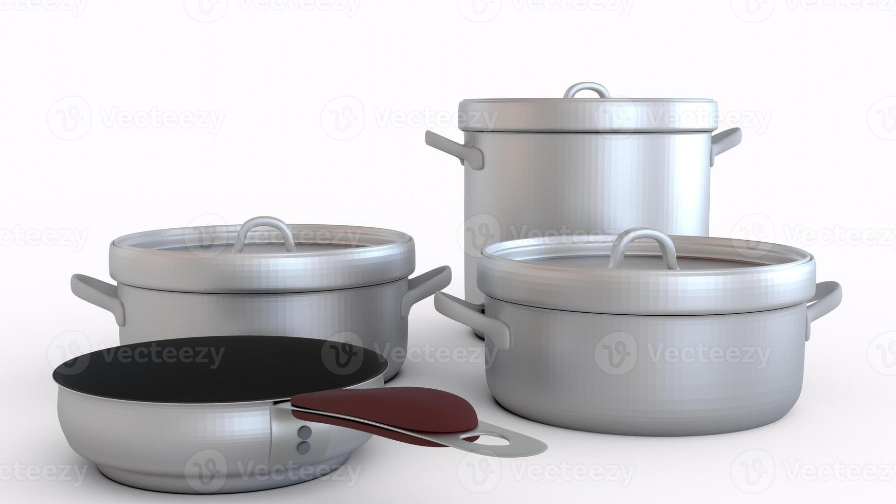 frying pan and pots with white background photo