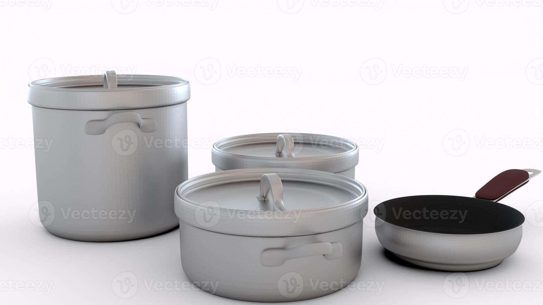 frying pan and pots with white background photo