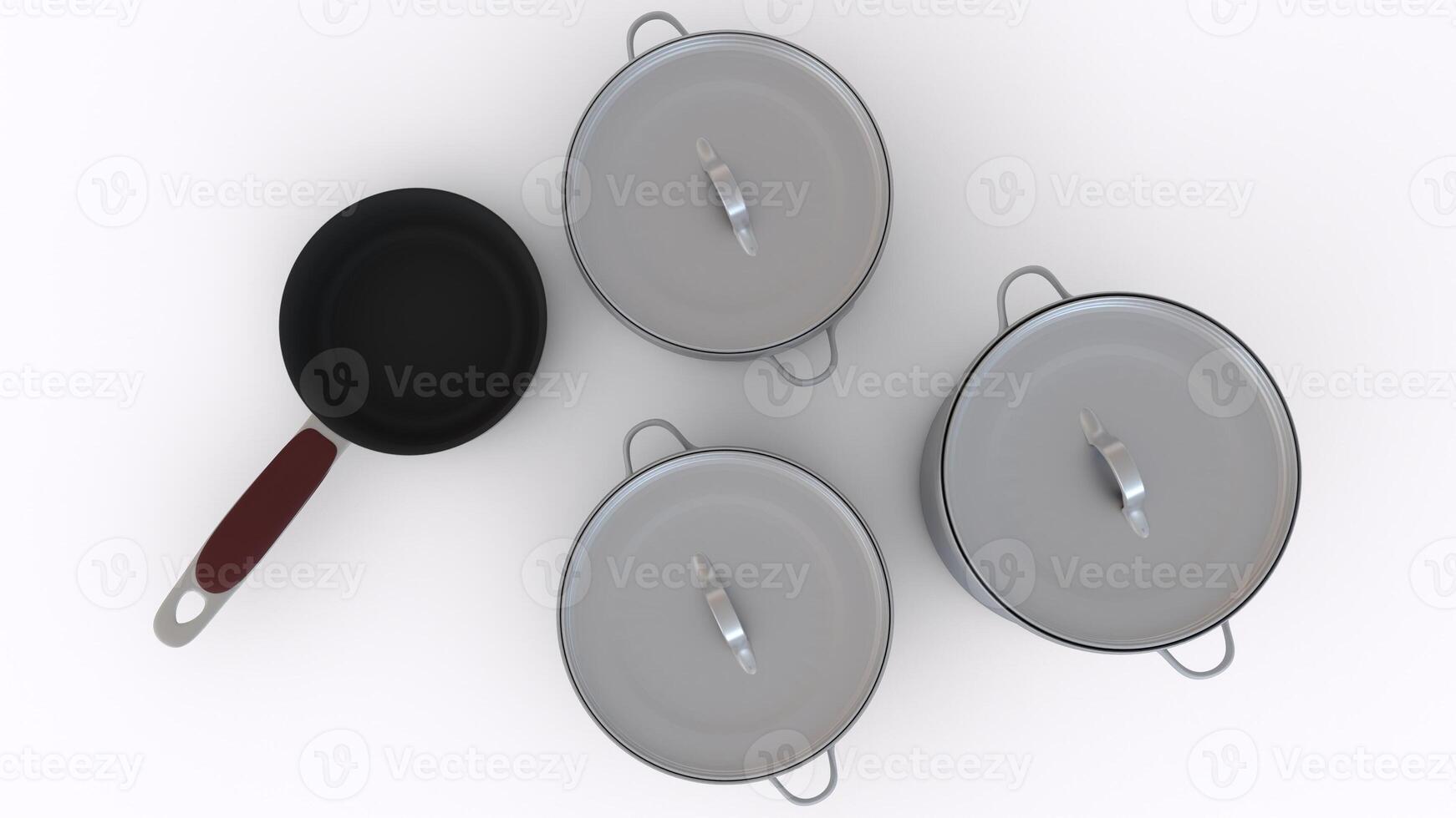 frying pan and pots with white background photo