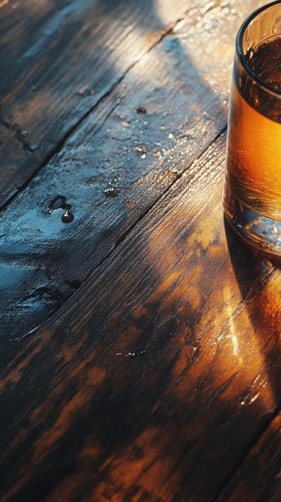 Golden drink reflecting sunlight on rustic wooden table surface photo