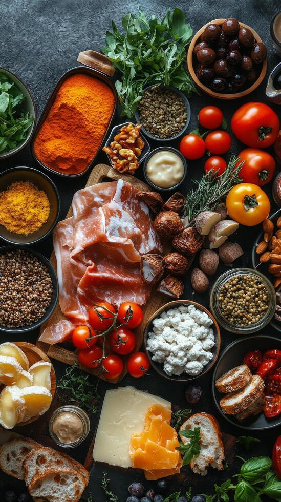 Colorful assortment of fresh dishes displayed on a dark table for a festive gathering in a vibrant kitchen photo