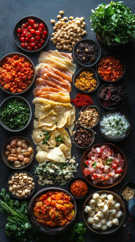 Colorful assortment of fresh dishes displayed on a dark table for a festive gathering in a vibrant kitchen photo