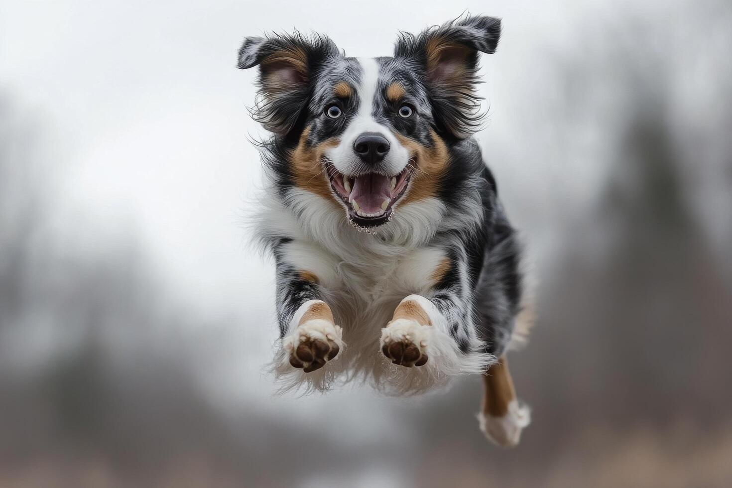 Happy dog jumping in the park during autumn with colorful leaves in the background photo