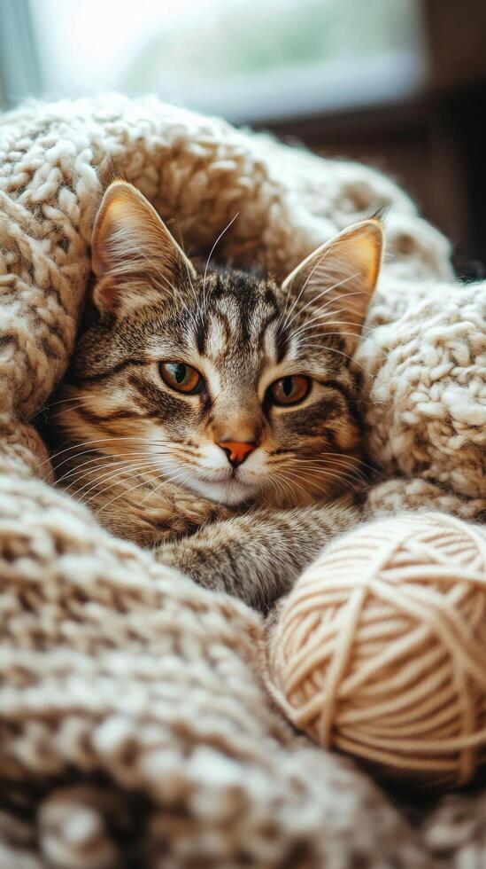 Cat snuggled in cozy blanket with yarn ball in warm indoor setting during a quiet afternoon photo
