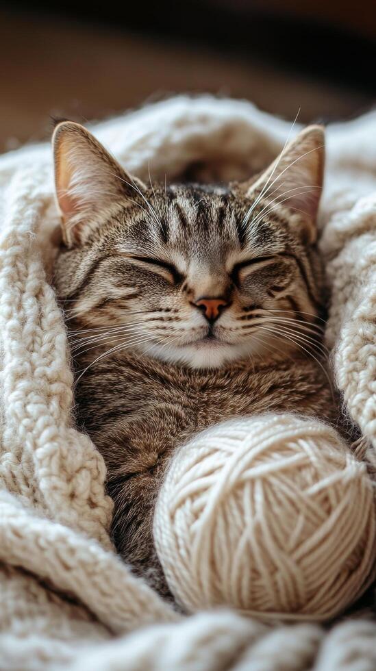 Cat snuggled in cozy blanket with yarn ball in warm indoor setting during a quiet afternoon photo