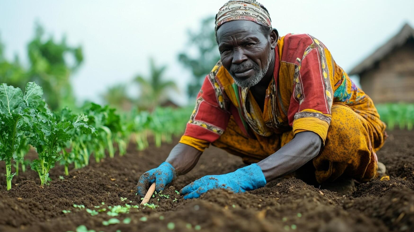 Man planting seeds in a field surrounded by golden crops during a cloudy day photo