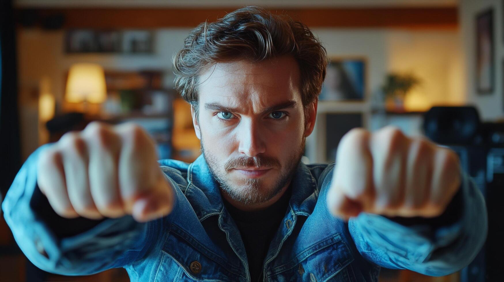 Determined man in denim jacket performing a punch gesture indoors during evening hours photo