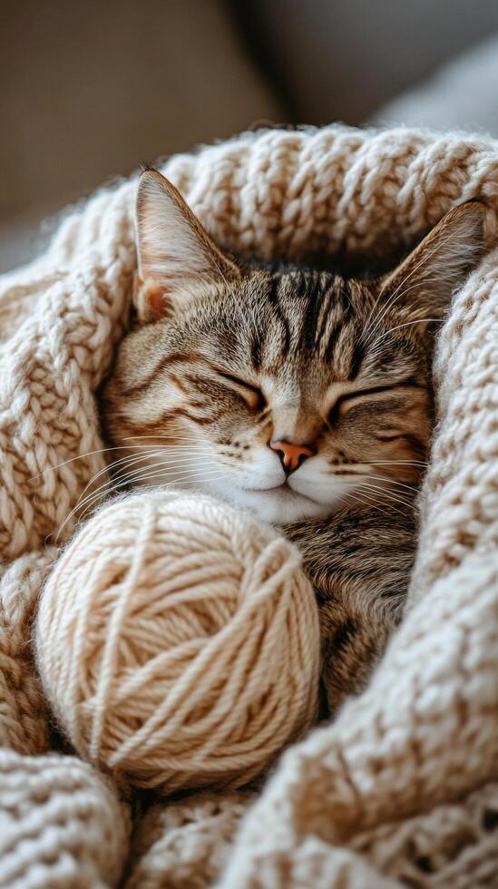 Cat snuggled in cozy blanket with yarn ball in warm indoor setting during a quiet afternoon photo
