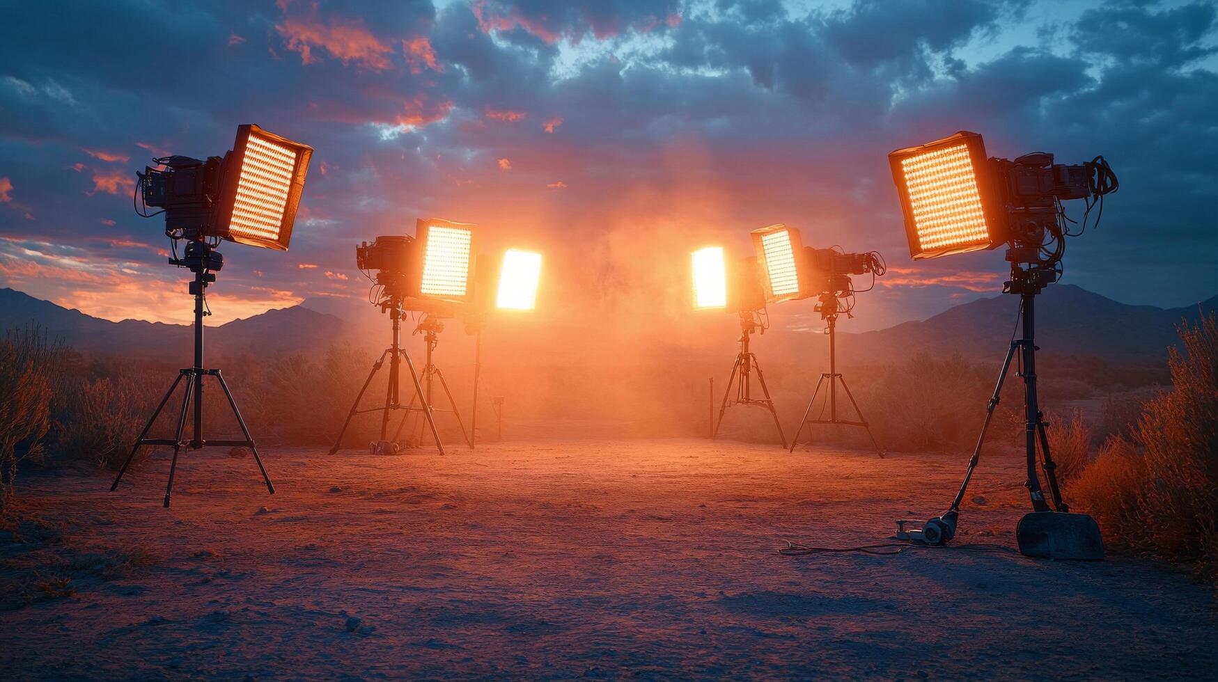 Lighting setup on location at dusk with mountains in the background photo