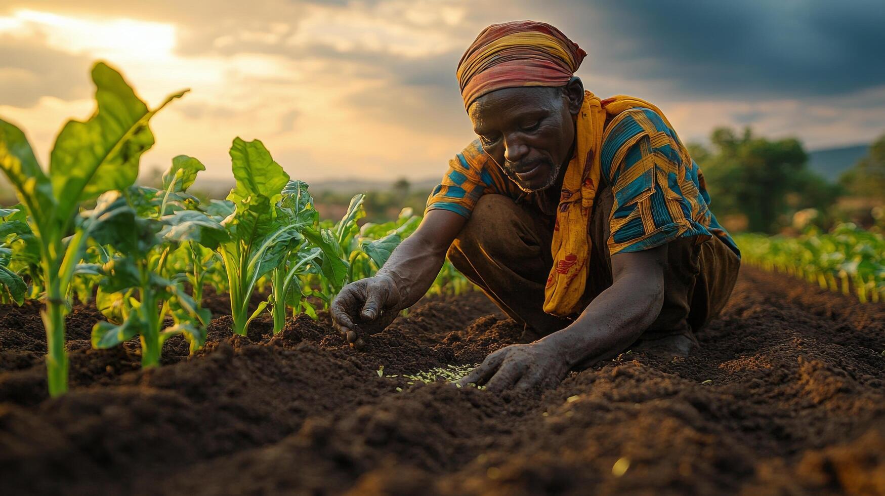 Man planting seeds in a field surrounded by golden crops during a cloudy day photo