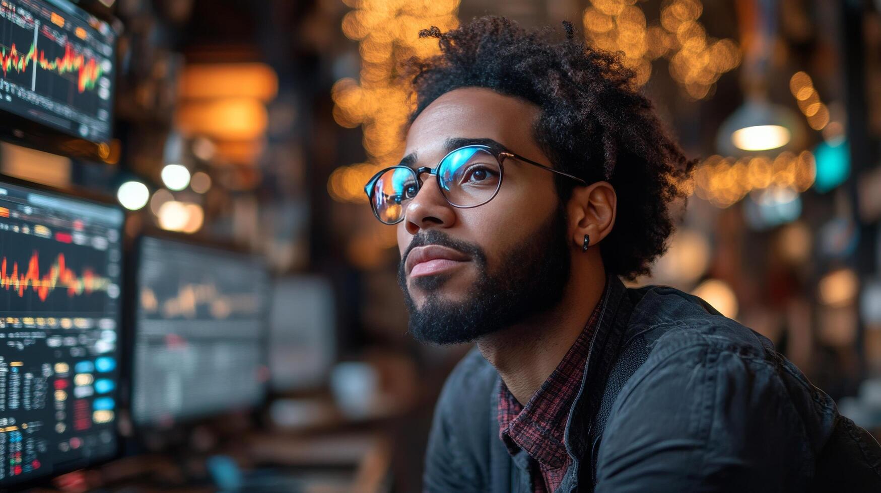 Young professional analyzing data on multiple computer screens in a modern office setting photo