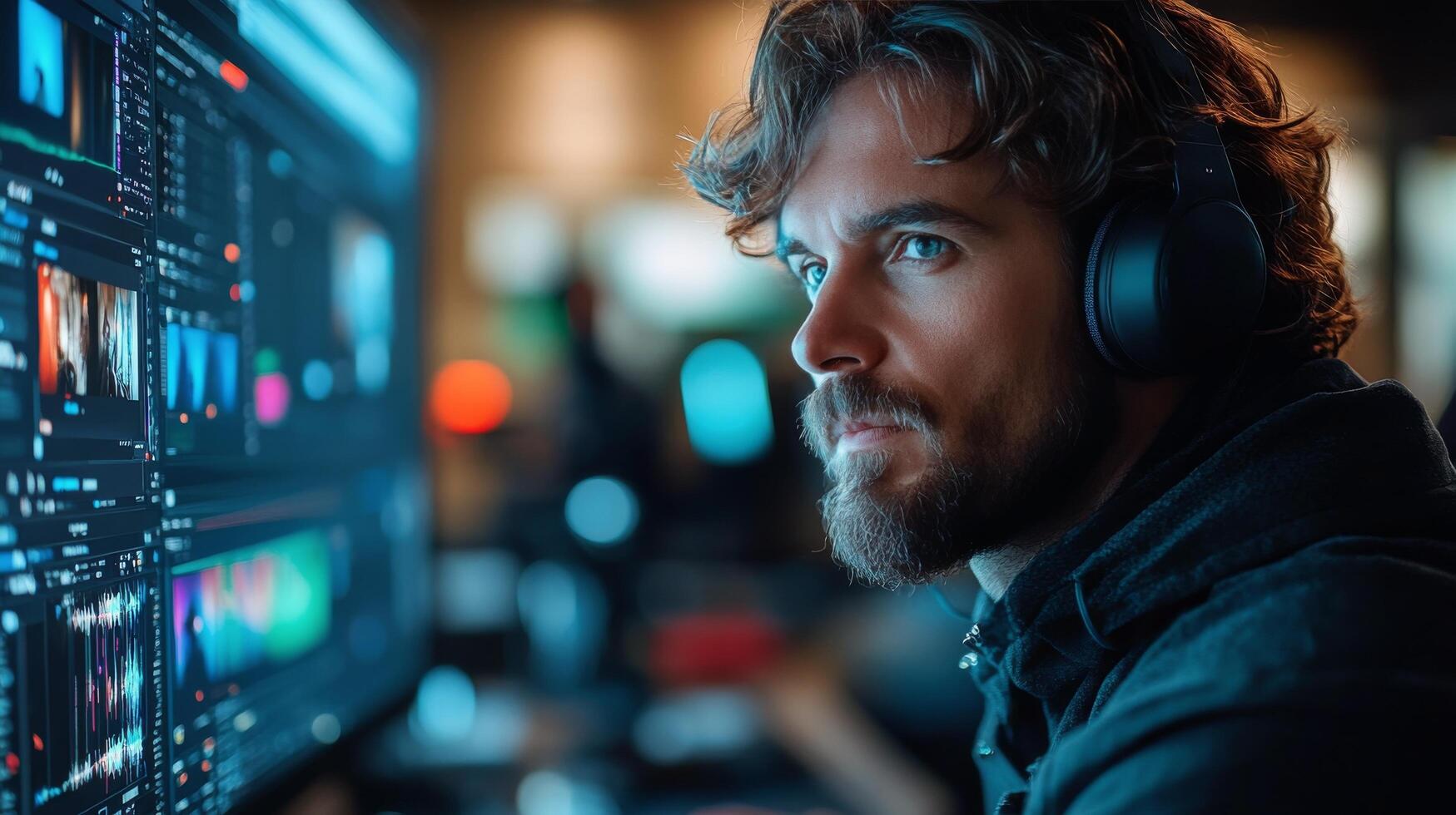 Man working diligently on editing graphics in a modern studio late at night photo