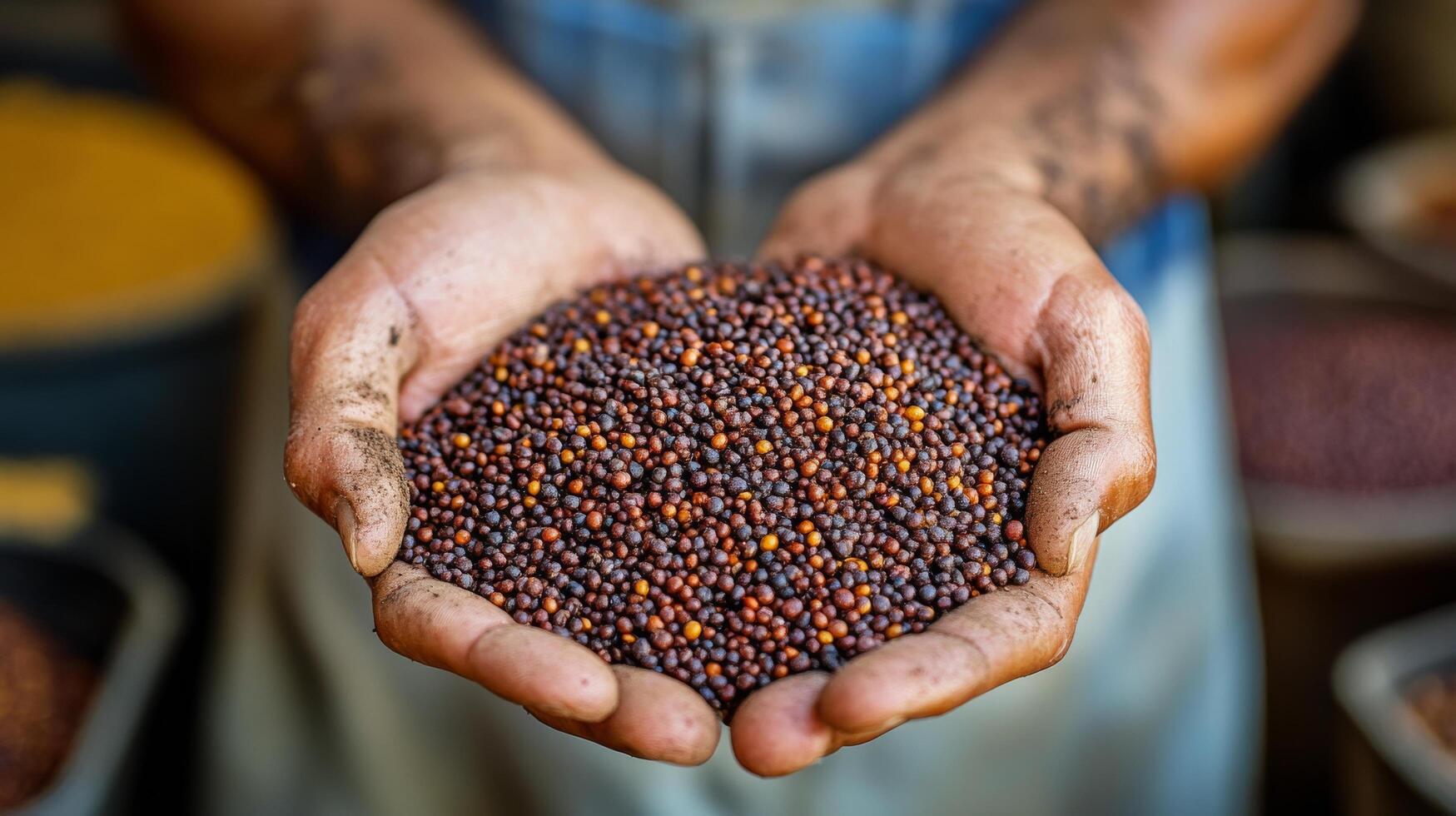 Hands holding various colored mustard seeds in a farm setting during daylight photo