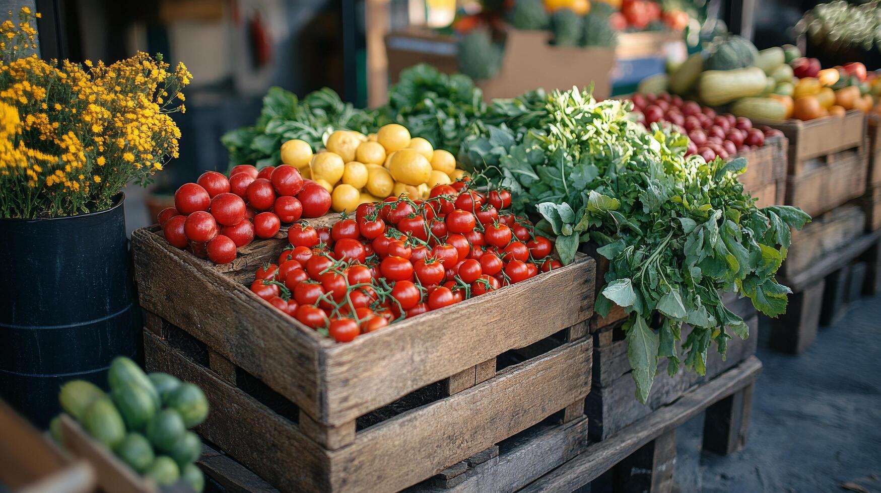 Vibrant display of fresh fruits and flowers in a rustic market setting photo