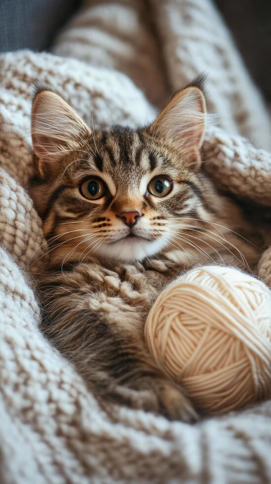 Cat snuggled in cozy blanket with yarn ball in warm indoor setting during a quiet afternoon photo
