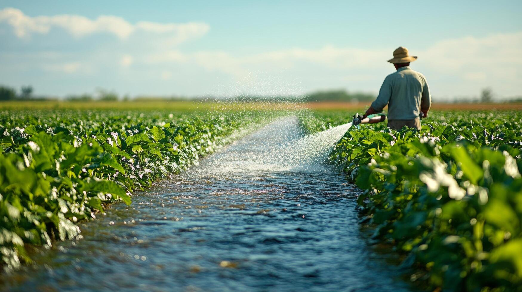 Farmer irrigating vegetable crops in a lush field under a clear blue sky photo