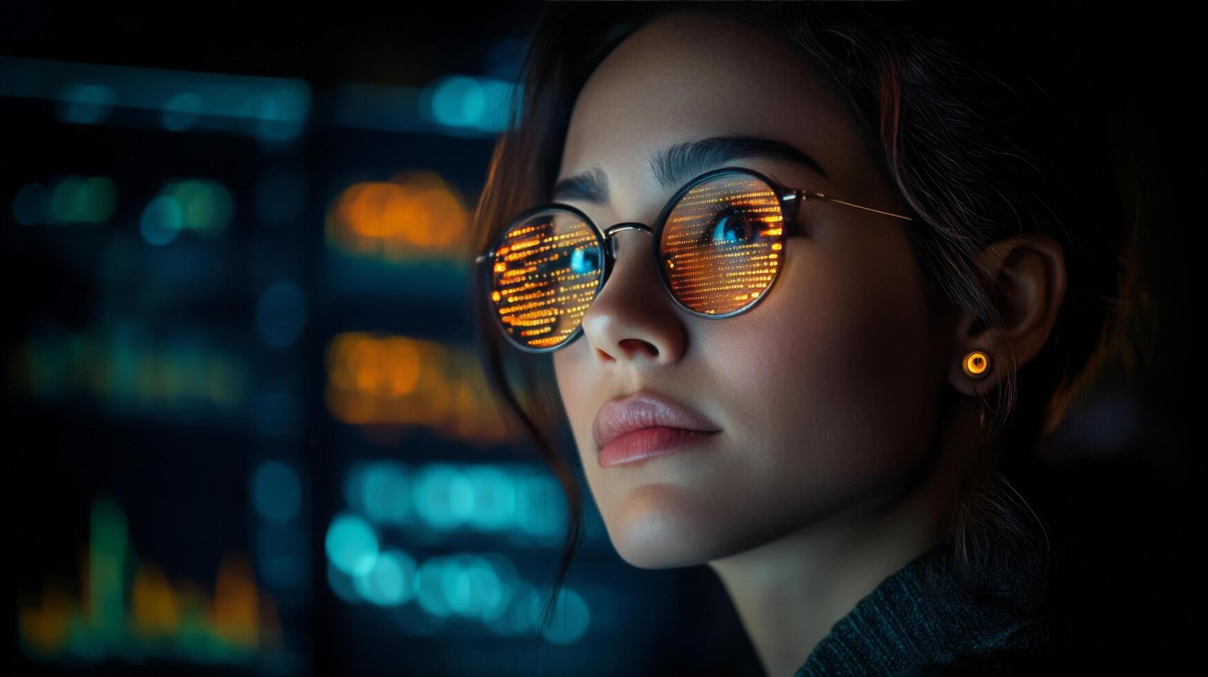 Young professional analyzing data on multiple computer screens in a modern office setting photo