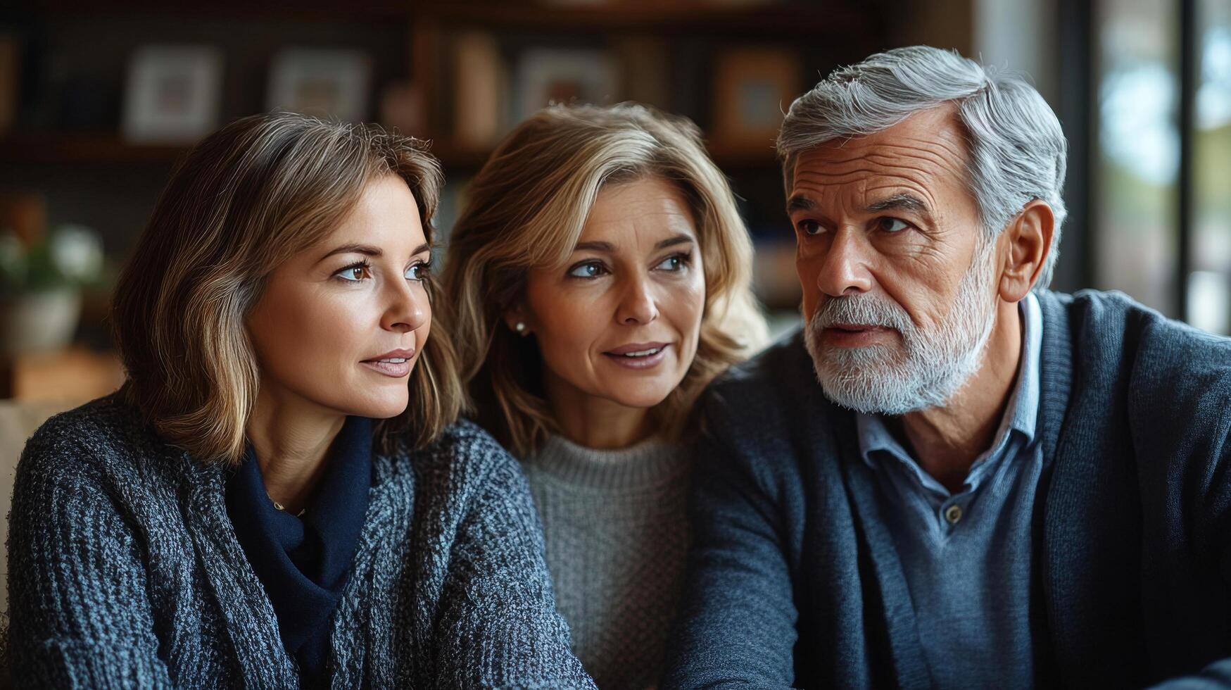 Family members sharing stories and enjoying an intimate conversation indoors at home photo