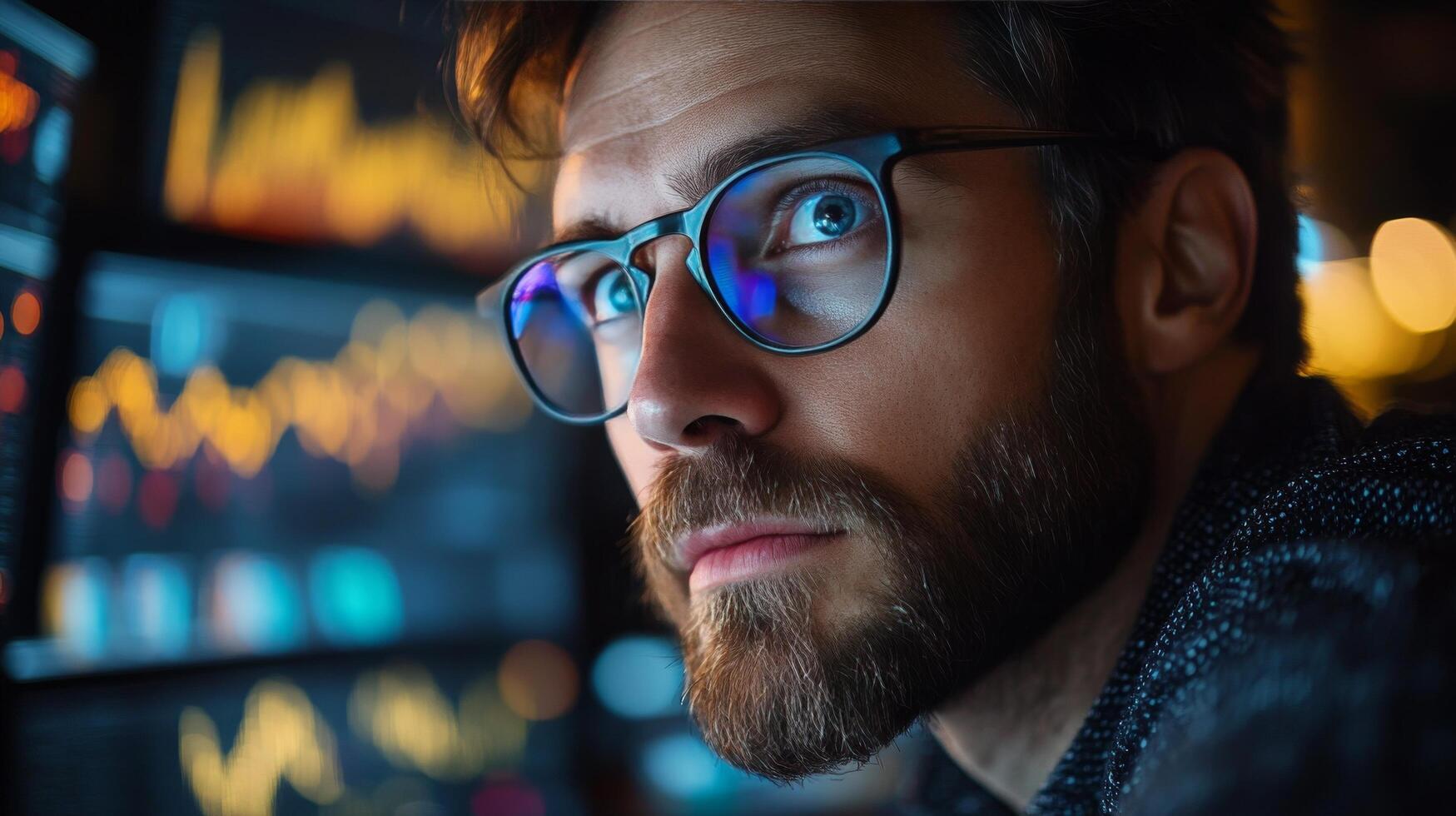 Young professional analyzing data on multiple computer screens in a modern office setting photo