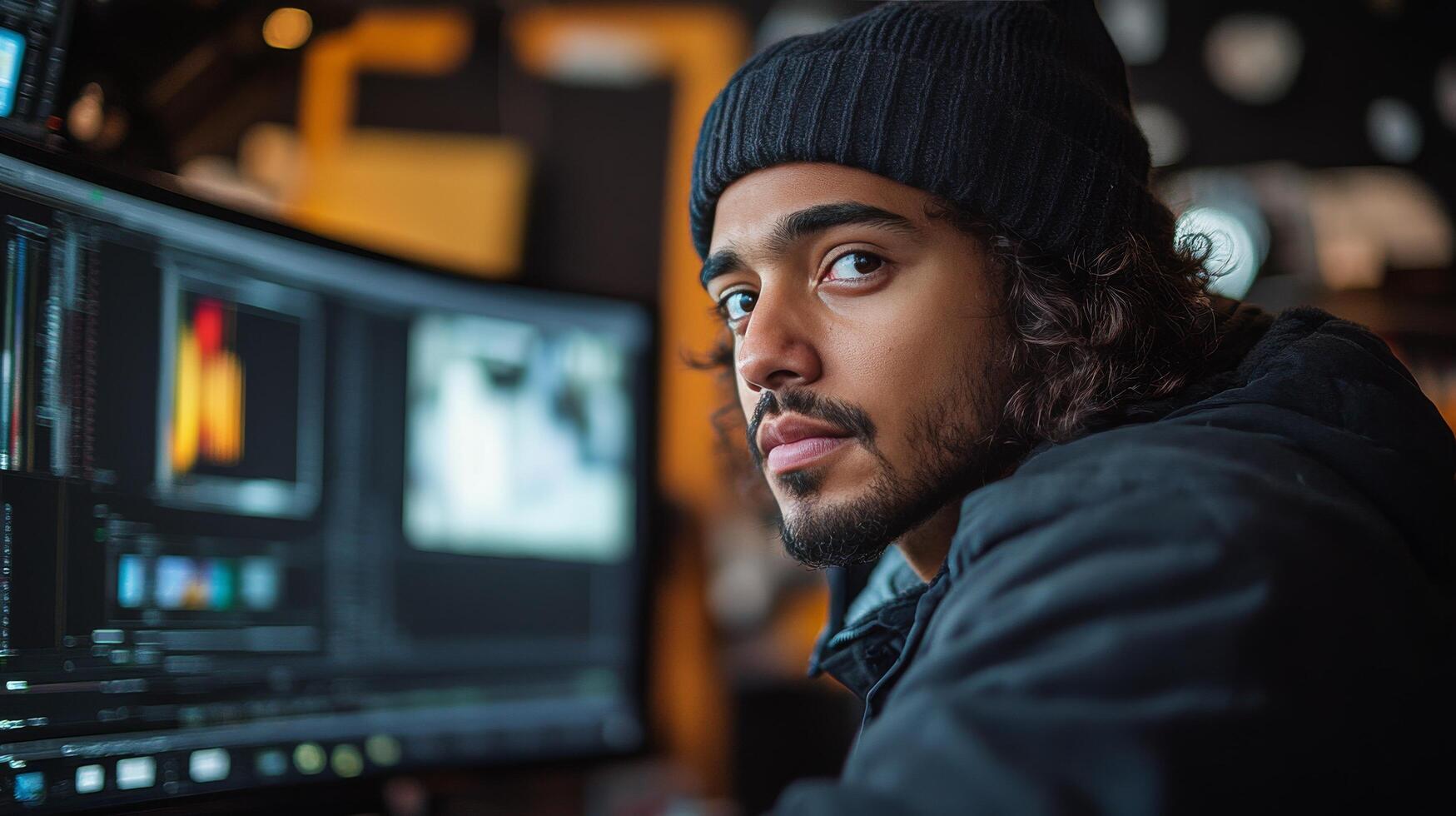 Man working diligently on editing graphics in a modern studio late at night photo