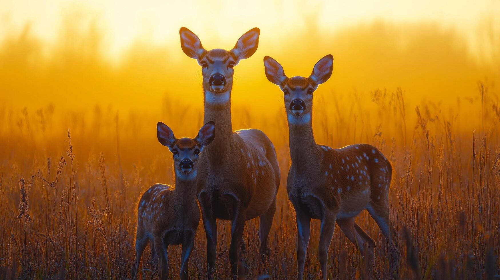 Sunrise silhouette of a deer family in a misty meadow with gentle golden light photo