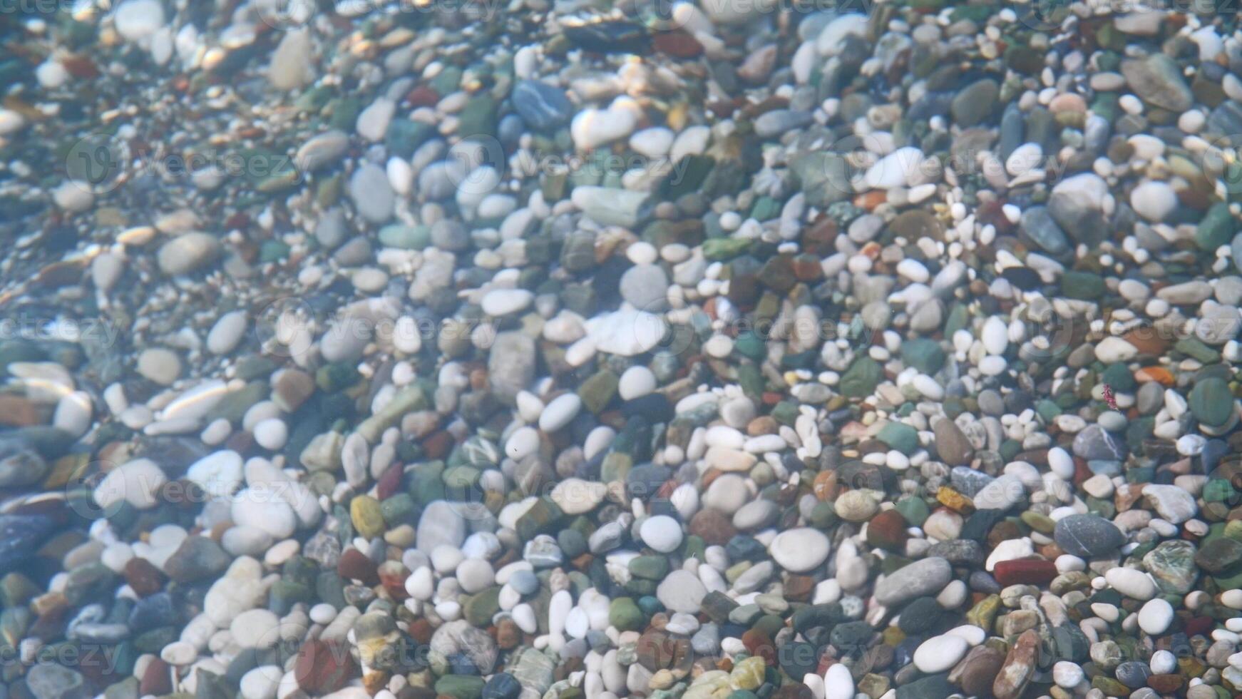 multi-colored stones under water on the sea, river. Natural background of stones, glare on the water photo