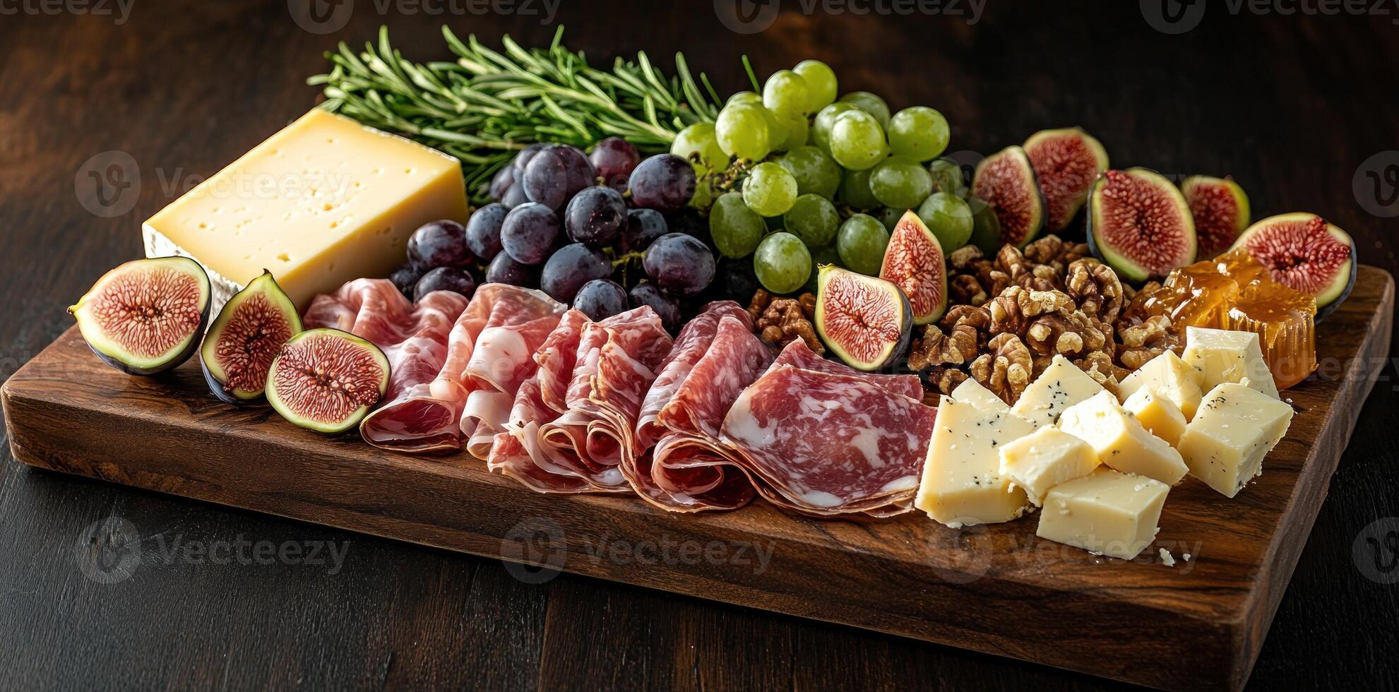 A Rustic Charcuterie Board with Cheese, Salami, Figs, Grapes, and Walnuts photo