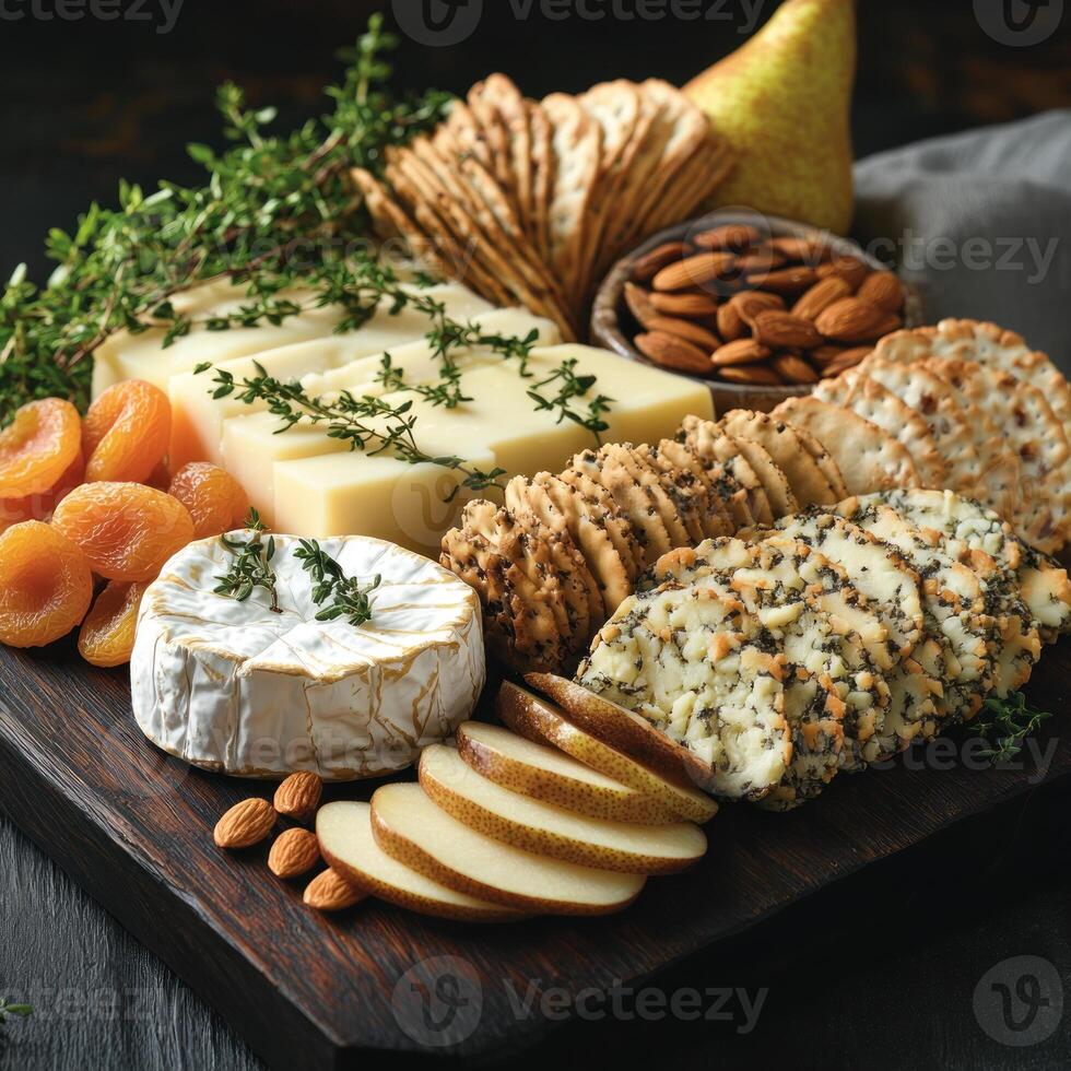 Cheese, Crackers, Pear Slices, Dried Apricots, and Almonds on a Wooden Board photo