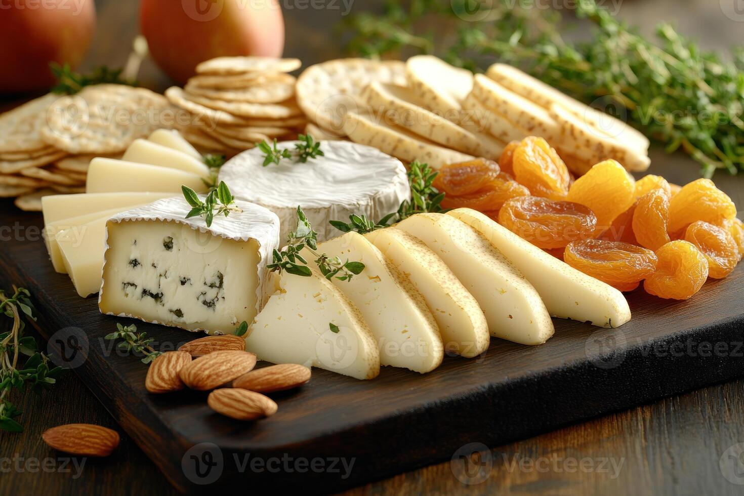 Cheese, Crackers, Dried Apricots, and Almonds on a Wooden Board photo