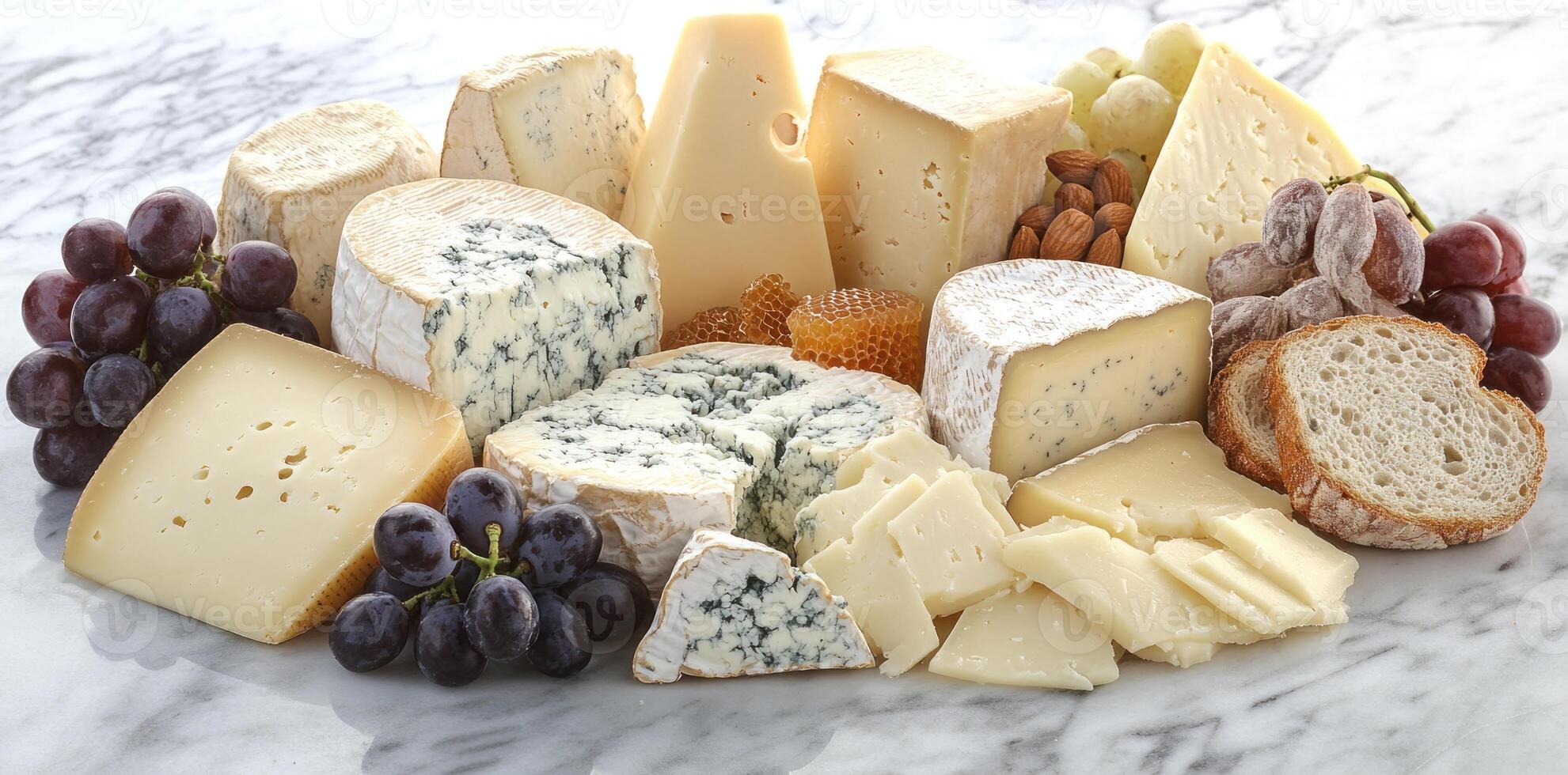 Assortment of Cheeses, Grapes, Bread, and Almonds on Marble photo
