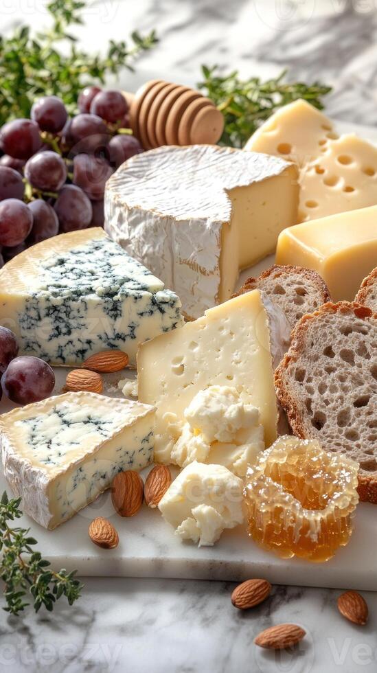 A Selection of Cheeses, Grapes, Honeycomb, Almonds, and Bread on a Marble Slab photo