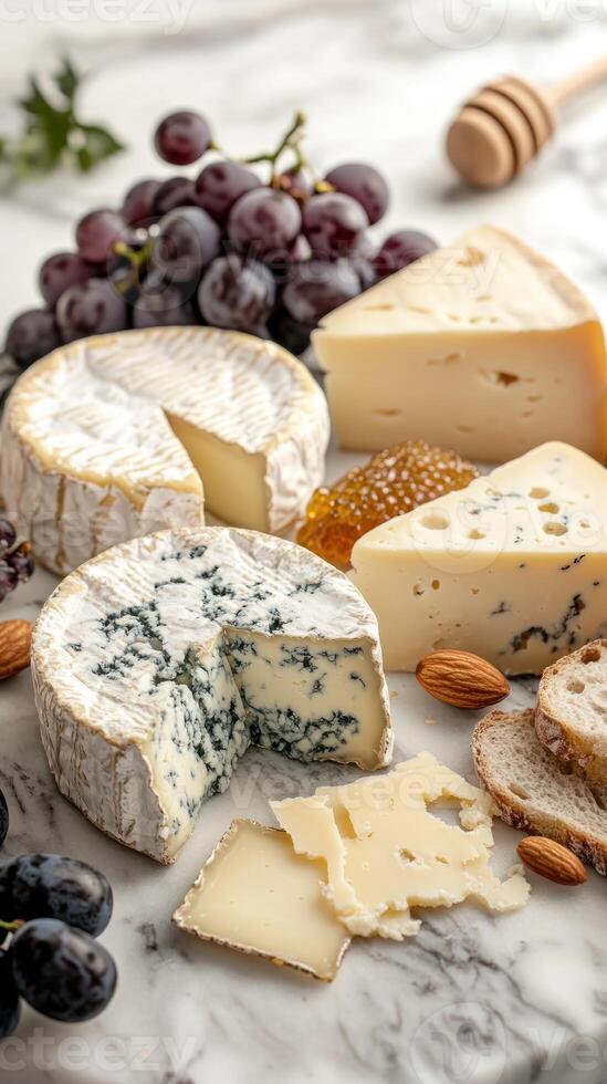 Assortment of Cheese, Grapes, Almonds, Bread, and Honeycomb on a Marble Surface photo