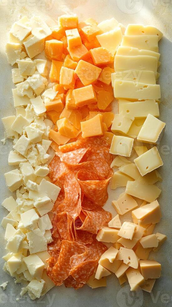 Assortment of Cheese and Salami Slices Arranged on a Plate photo