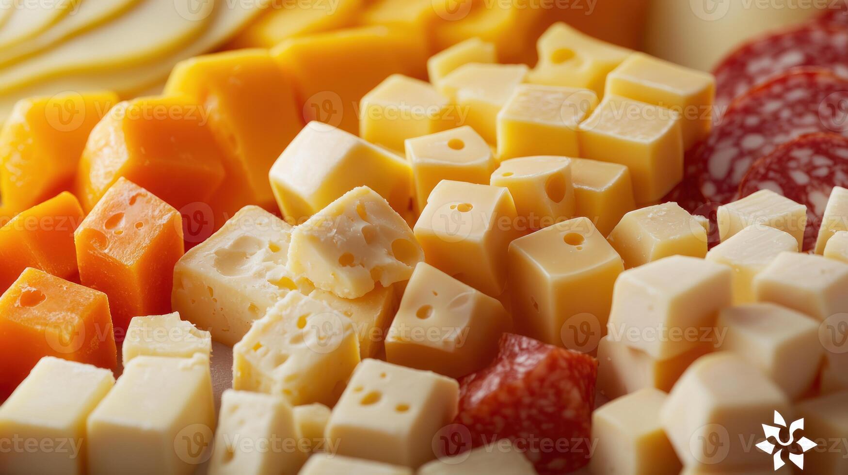 Close-up of Cubes of Yellow and White Cheese with Salami Slices photo