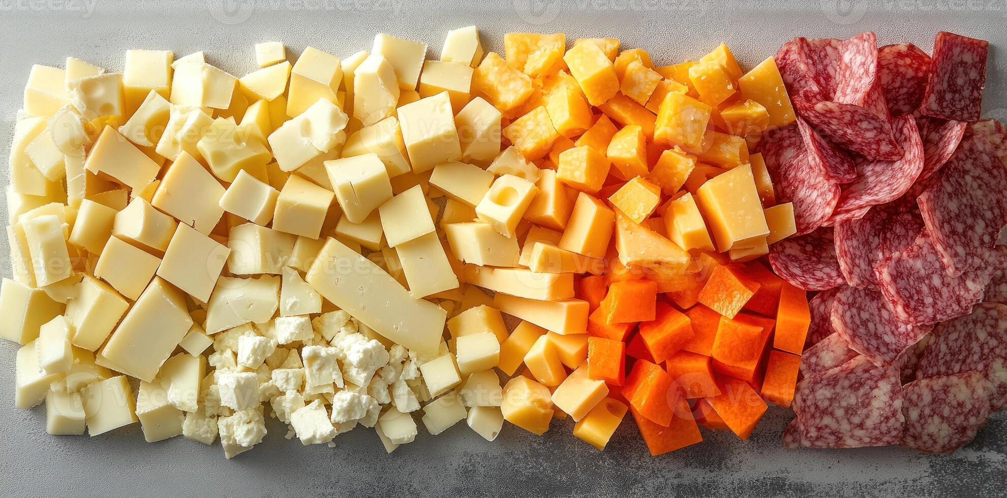 Assortment of cubed cheese, diced carrots, and sliced salami photo