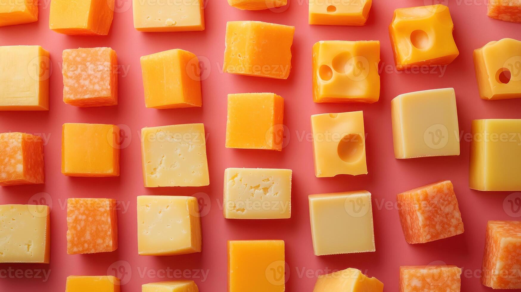 Assorted Cubes of Yellow Cheese on a Pink Background photo