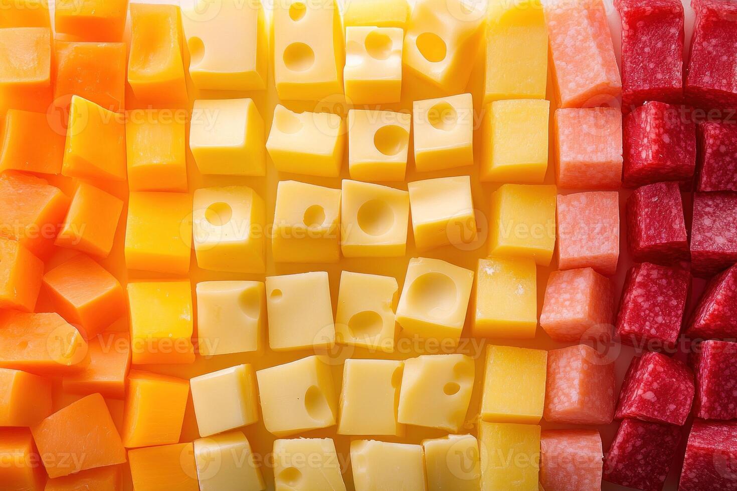 A colorful array of cubed cheese, orange, pink, and red. photo