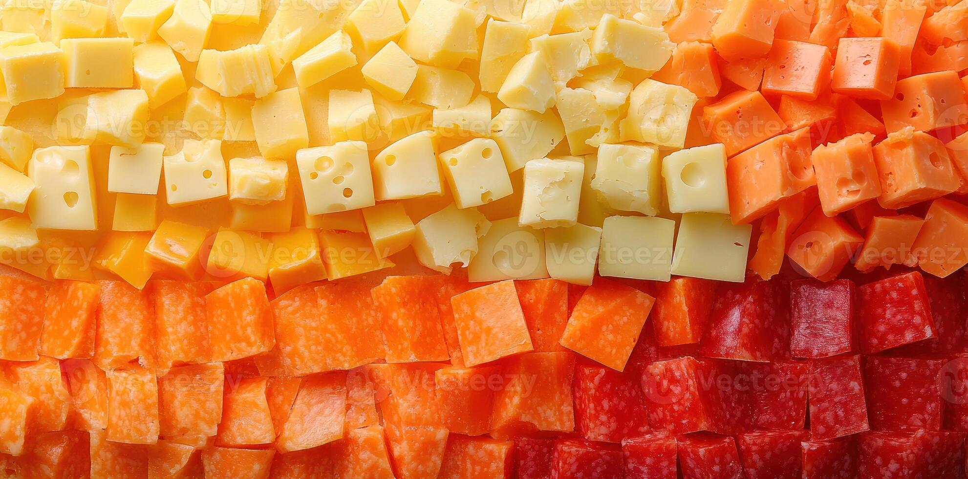 Close-up of Diced Cheese and Salami Arranged in a Gradient Pattern photo