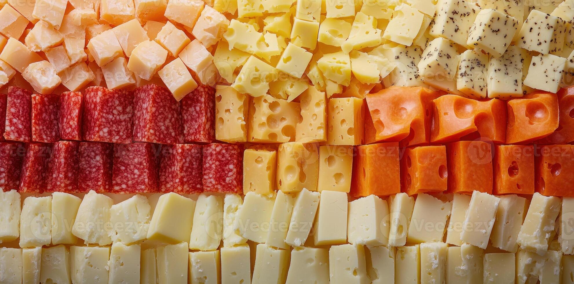 An assortment of cubed cheese, salami, and peppered cheese photo