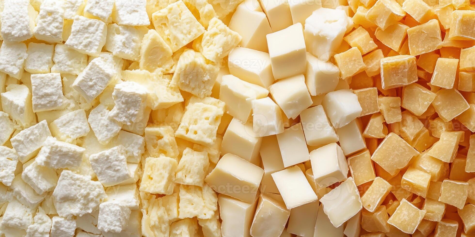 A Close-Up View of Three Different Types of Cheese, Cut into Cubes photo