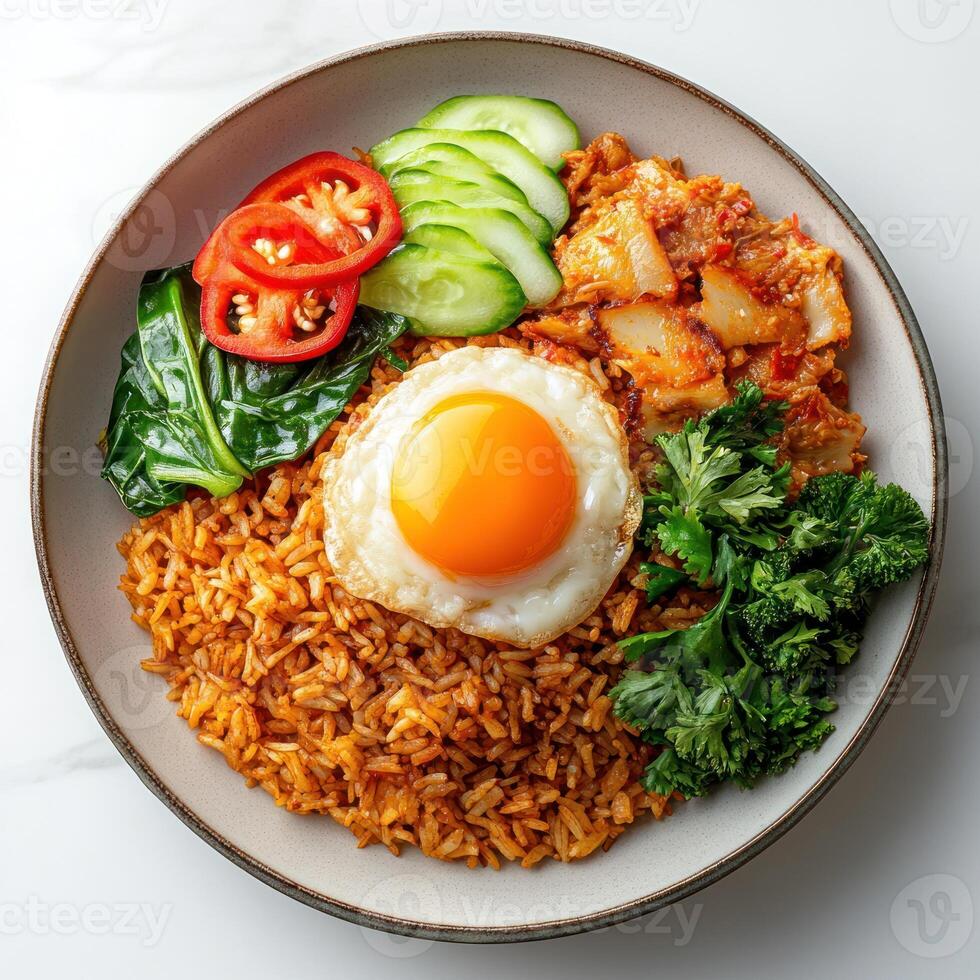 A Plate of Fried Rice with a Fried Egg, Cucumber, Parsley, and Bell Pepper Slices photo