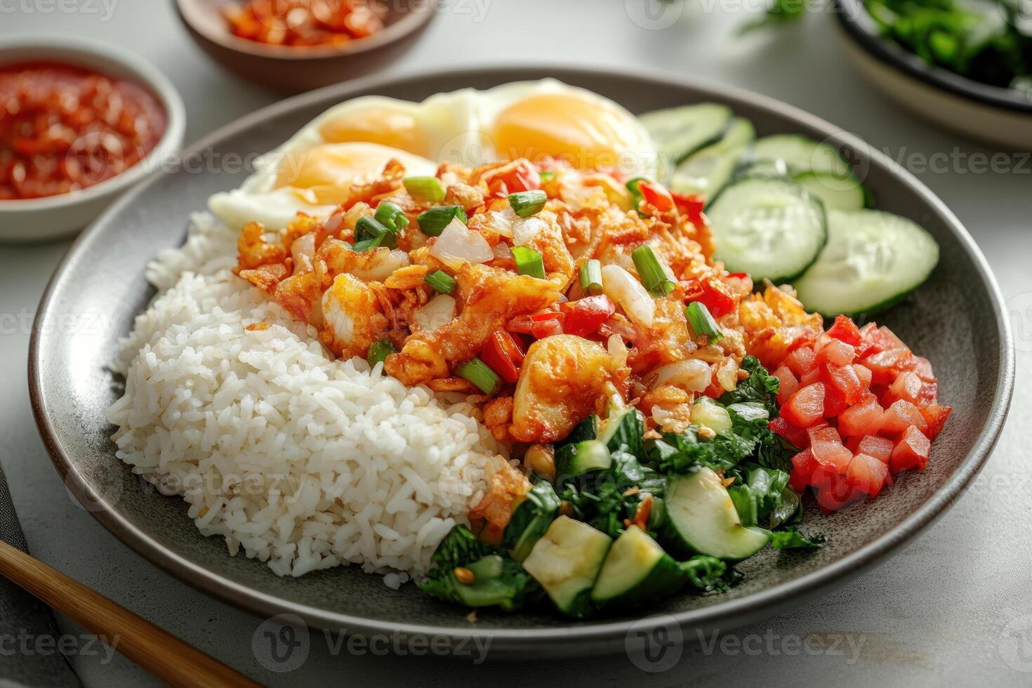Stir-fried Seafood with White Rice and Cucumber Salad photo