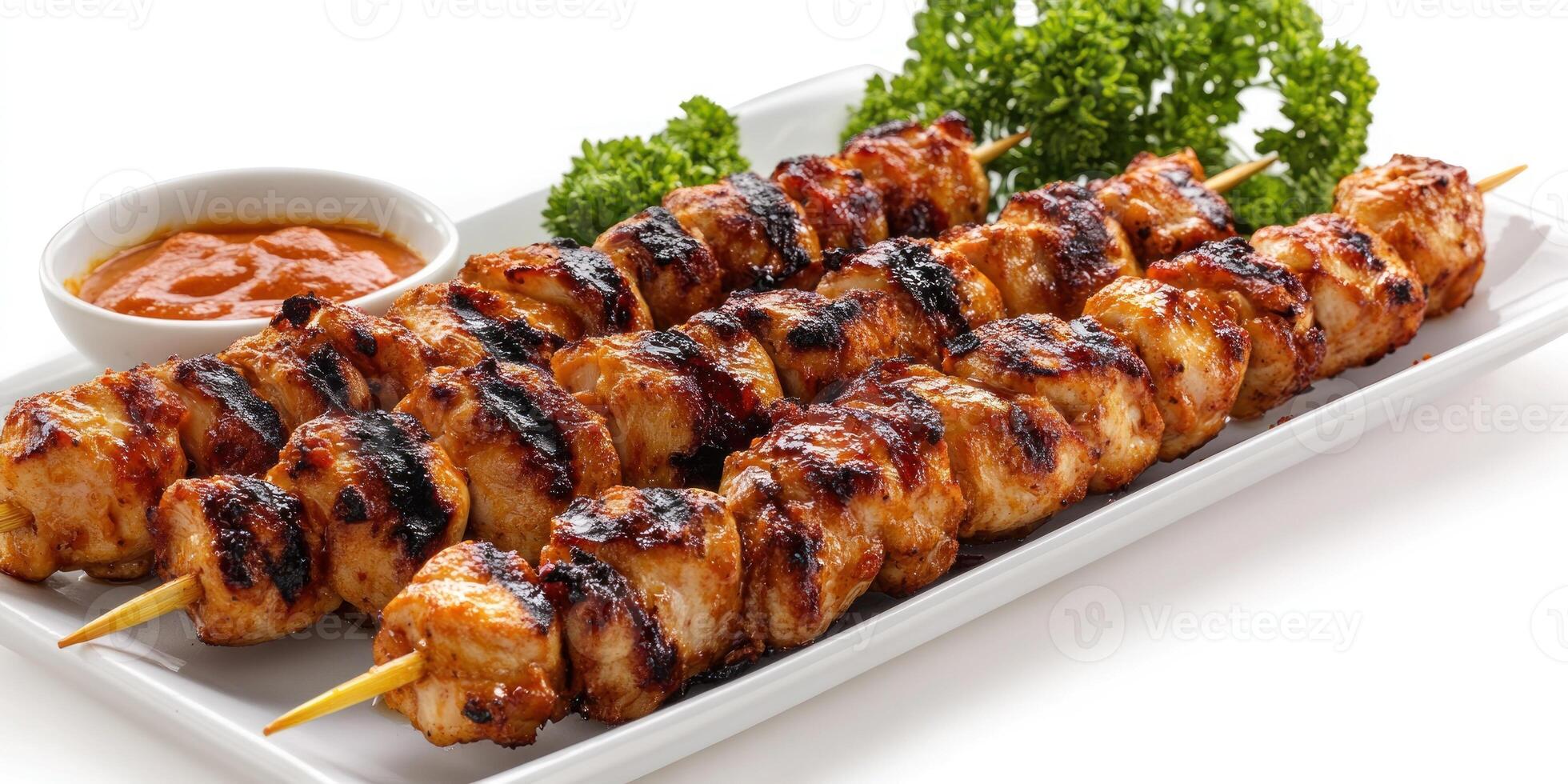 Grilled Chicken Skewers with Sauce and Parsley Garnish photo