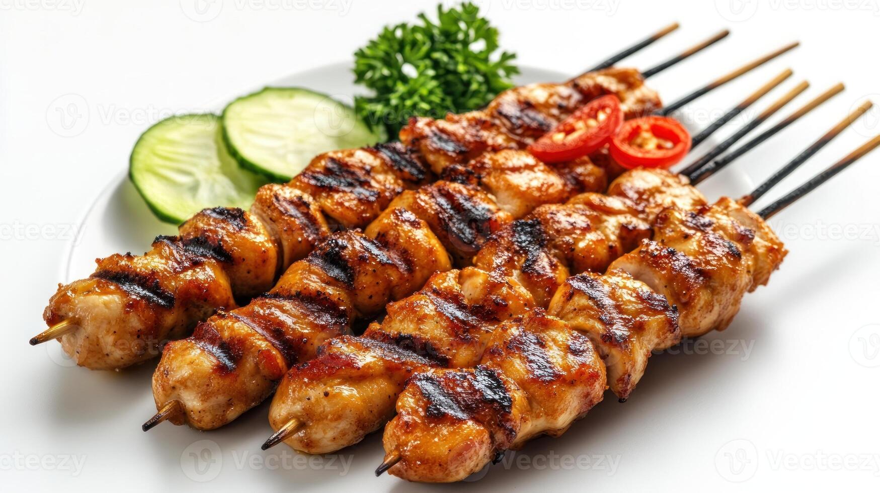 Grilled Chicken Skewers with Cucumber Slices and Parsley Garnish photo