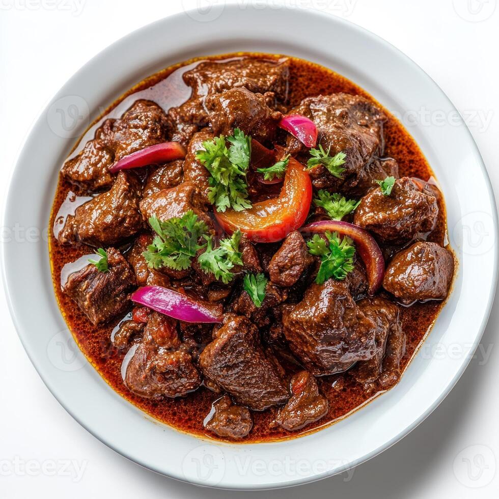 Close-up of a bowl of beef stew with onions, tomatoes, and cilantro photo