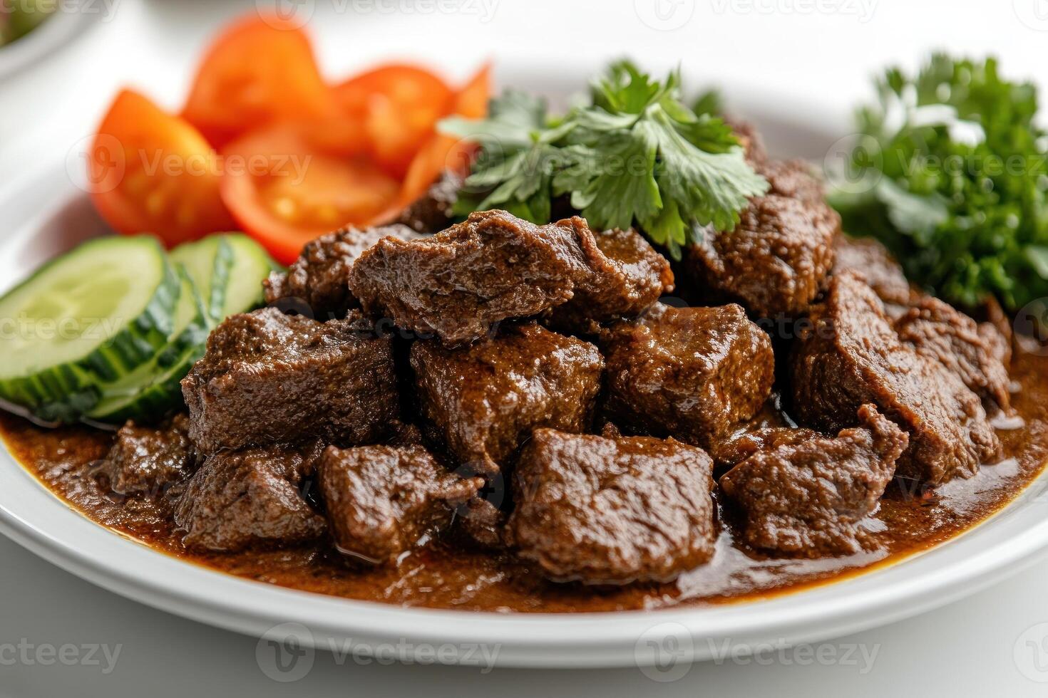 Close-up of Braised Beef Cubes with Gravy, Tomatoes, and Cucumber Slices photo