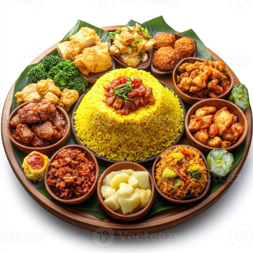 Indonesian Nasi Kuning with Various Accompaniments photo
