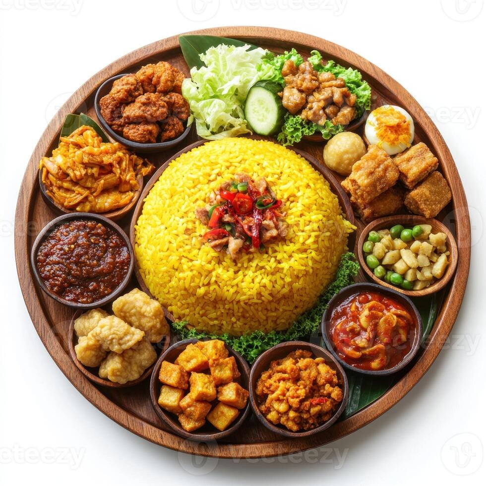 Yellow Rice Dish with Various Sides on a Wooden Tray photo
