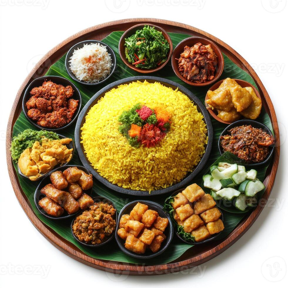 Indonesian Nasi Kuning with Various Accompaniments photo