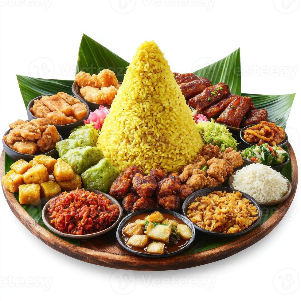 Indonesian Tumpeng Rice Dish with Various Side Dishes photo